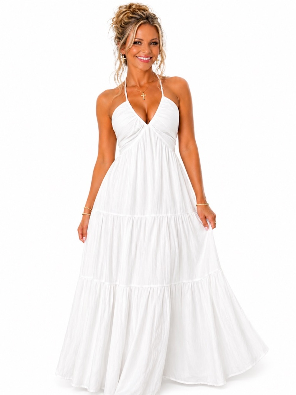 Shirley JB White Halter Maxi Dress|SMALL|NWOT Backless/Boho/Bridal/Beach